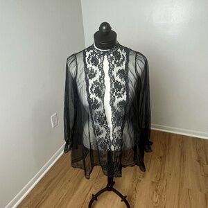 Vintage Whimsygoth Black Sheer babydoll lace layering top ruffle romantic small